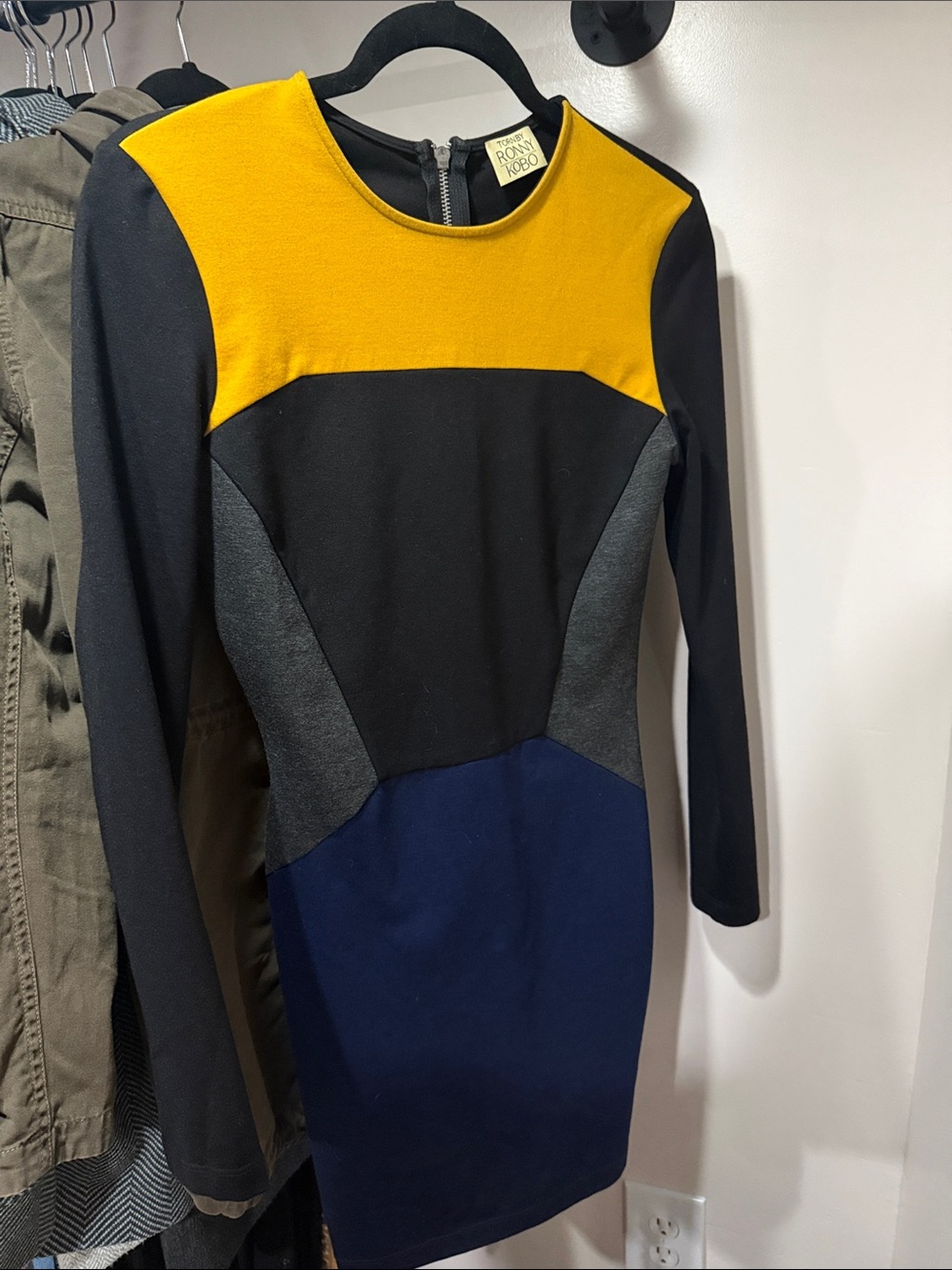 Torn by Ronny Kobo Colorblock Long-Sleeve Dress in Mustard, Black & Navy